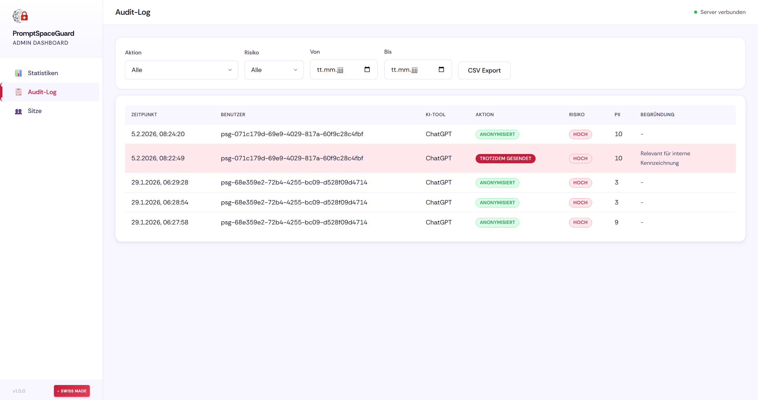 Logfile für Audits von sicherer KI-Governance bei Promptspace.ch