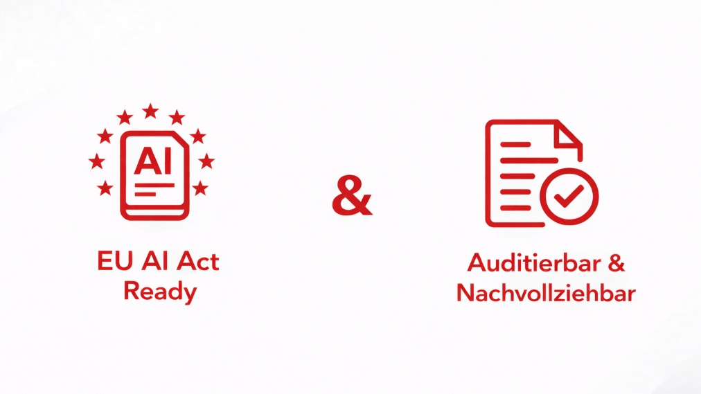 Labels welcher Vorteile von EU AI ACT Ready und Auditierbarkeit und Nachvollziehbarkeit von Promptspace.ch aufzeigen. 